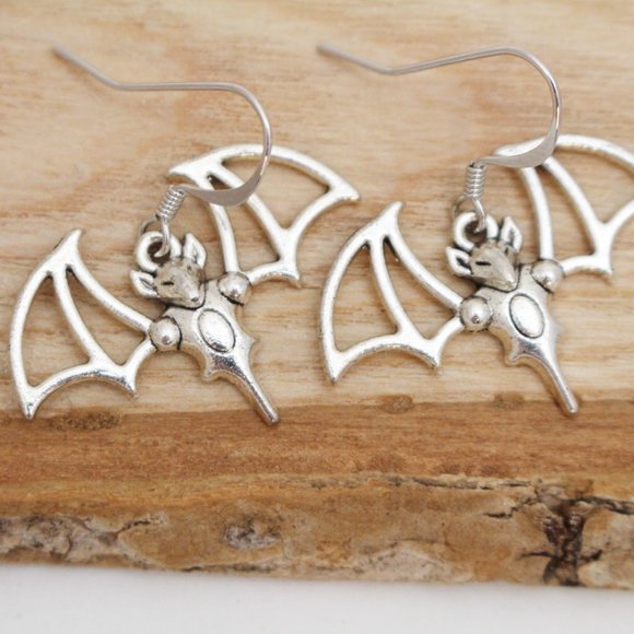 Large Silver Bat Charm Earrings - Picture 4 of 6